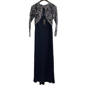 Tadashi Shoji Dress Womens 10 Blue Embroidered Floral Jacket Gown Event Gala